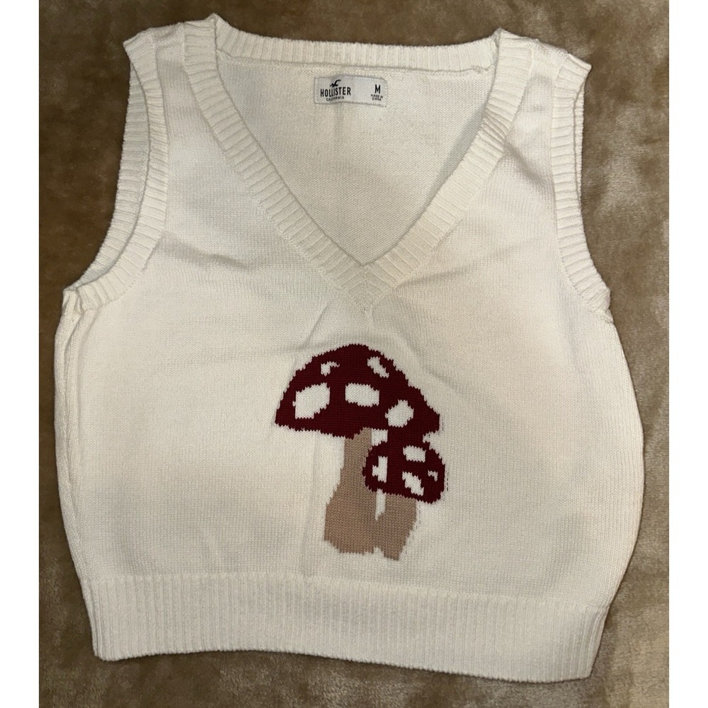Hollister Sweater Vest Size M Mushroom Sleeveless Pullover v-neck Cream